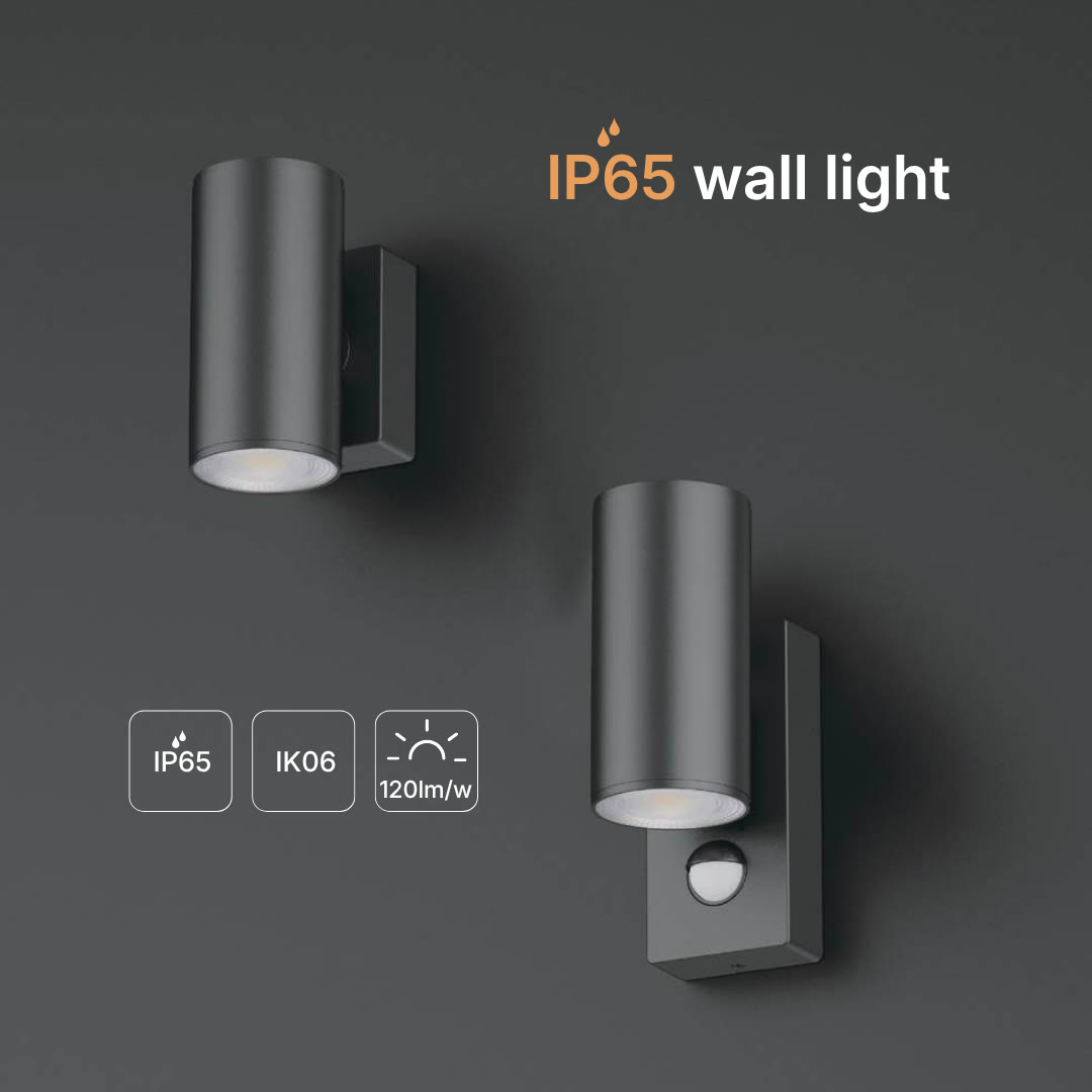 Två mörka vägglampor mot grå vägg med rubriken IP65 wall light och ikoner för IP65, IK06 och 120 lm/W.