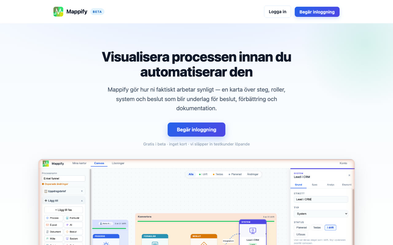 Startsidan för Mappify med rubriken Visualisera processen innan du automatiserar den och en processkarta i appen.