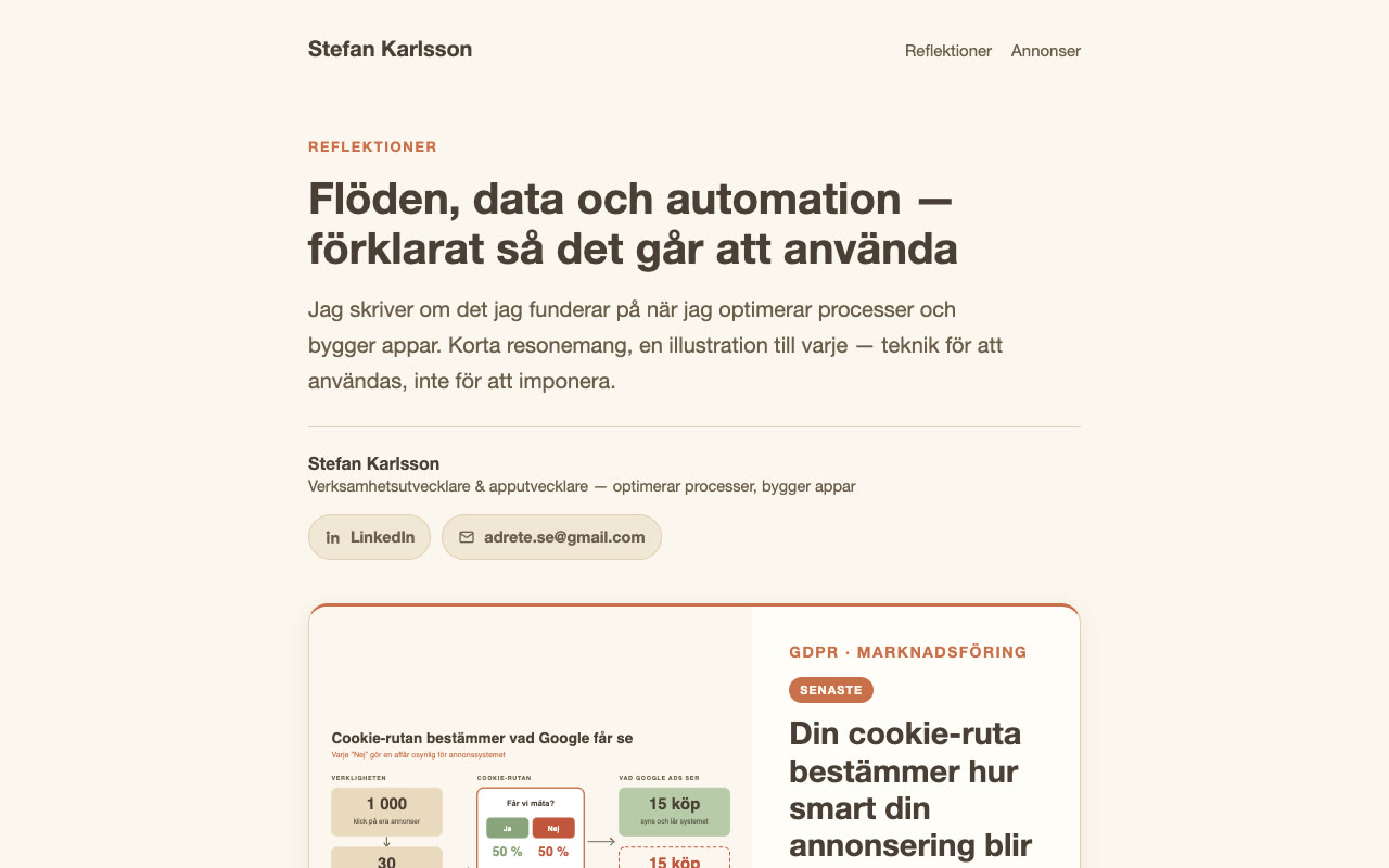 Startsidan för stefan-karlsson.nu med reflektioner om flöden, data och automation.