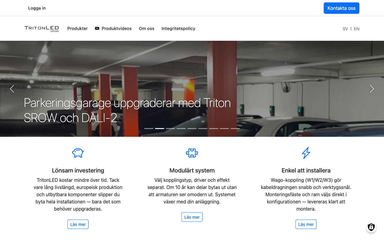Startsidan för TritonLED med produktmeny, bildspel och tre fördelar: lönsam investering, modulärt system och enkel installation.